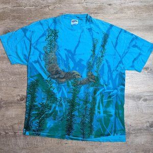 Vintage 90's single stitch nature graphic tee t shirt ocean otters XL AOP